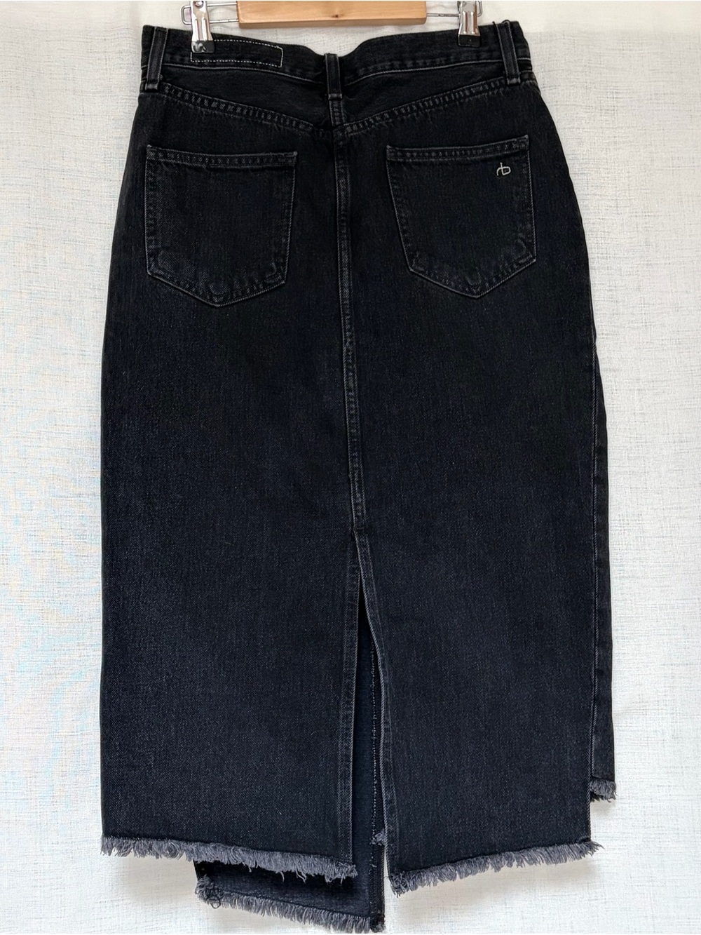 Rag & bone Sukato Black Denim Midi Skirt.Asymmetrical frayed raw hemline.Sz 27.